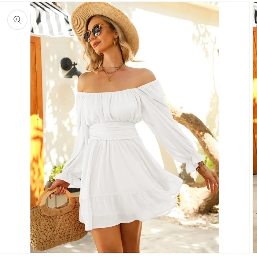 Exlura Long Lantern Sleeve Square Neck Elastic Waist Aline Casual Mini Dress